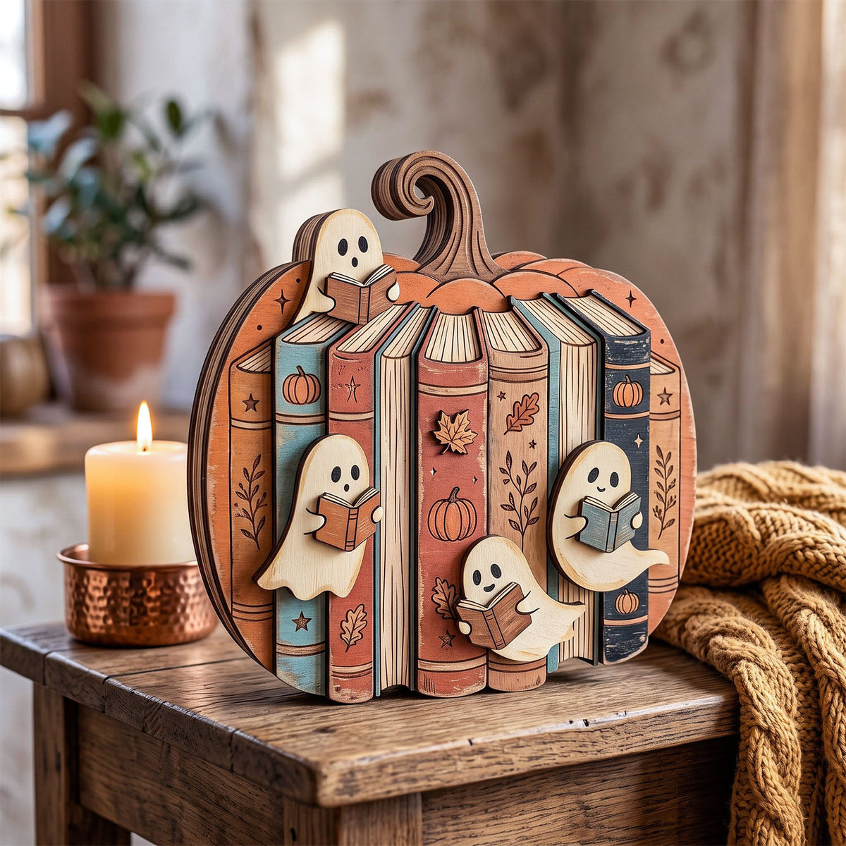 Halloween Pumpkin Bookshelf Wooden Block Sign, Ghost Reading Books, Pumpkin Book Stack Decor