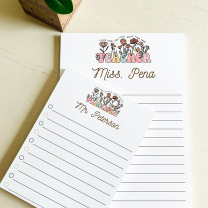 Personalized Name Teacher Notepad, Flower Notepad Style, Appreciation Gift For Teacher Principal Counselor