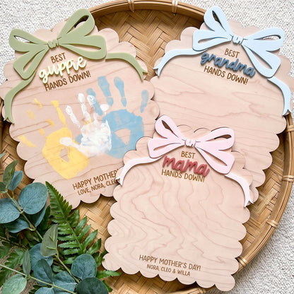 Personalized DIY Bow Ribbon Scallop Handprint Sign, Custom Kids Handprint Keepsake Plaque, Best Mama Grandma Hands Down Design, Mother’s Day Gift, Family Keepsake Decor