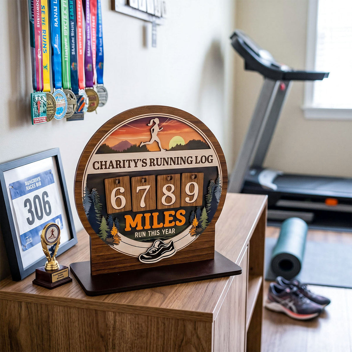 Personalized Running Miles Tracker Sign With Flat Base, Mountain Sunset Design, Holiday Gift for Runners