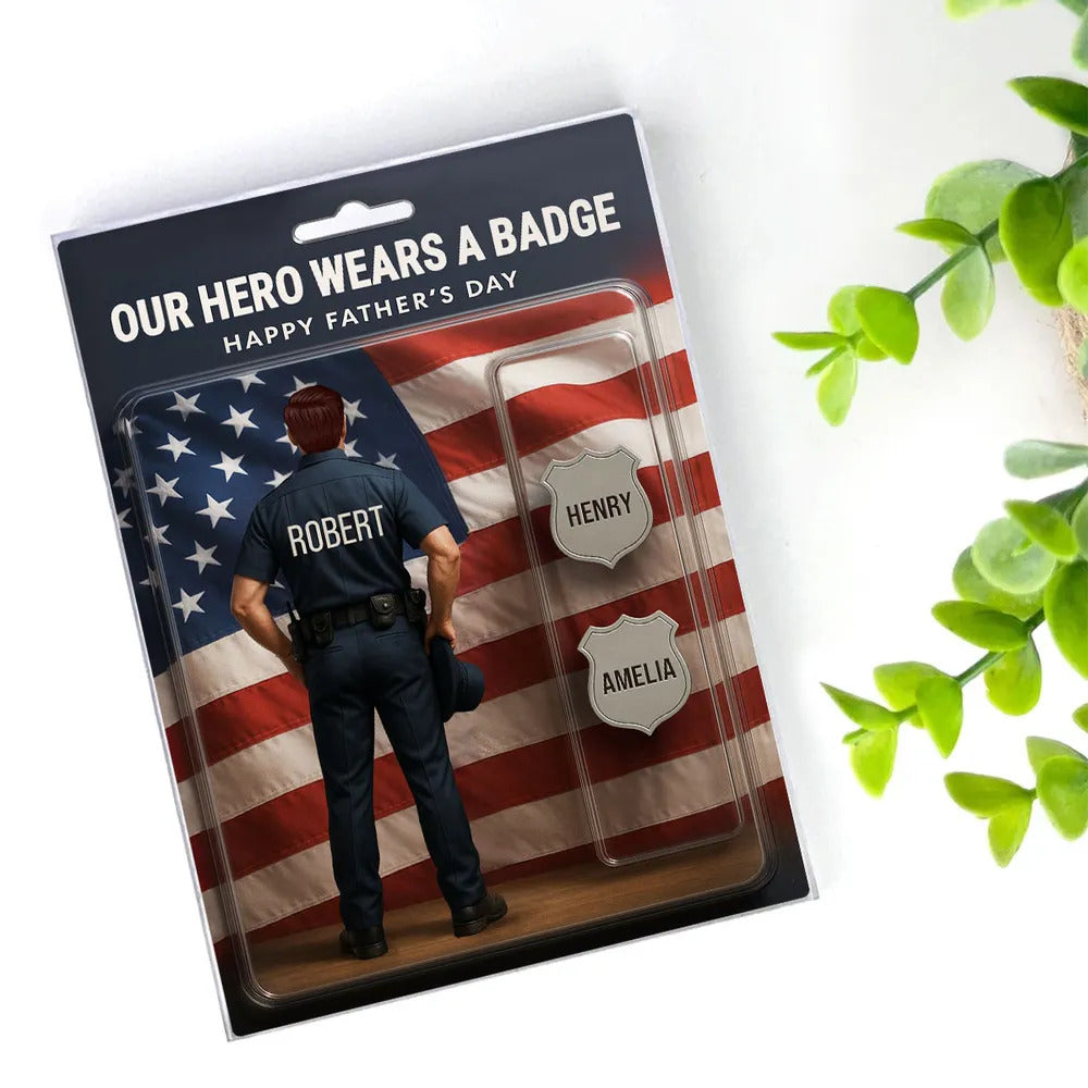Custom Figure My Hero Wears A Badge With Kids' Names Personalized Acrylic Block Plaque, Perfect 2025 Father's Day Gift For Him, For Dad