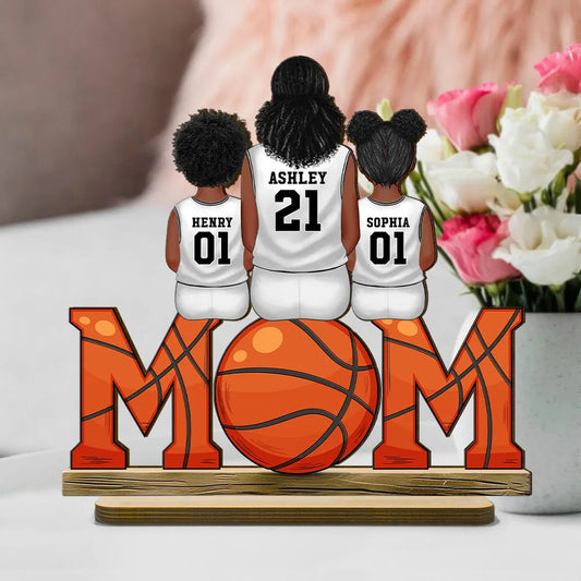 Basketball Mom And Kids Personalized Standing Wooden Plaque, Mother's Day Gift