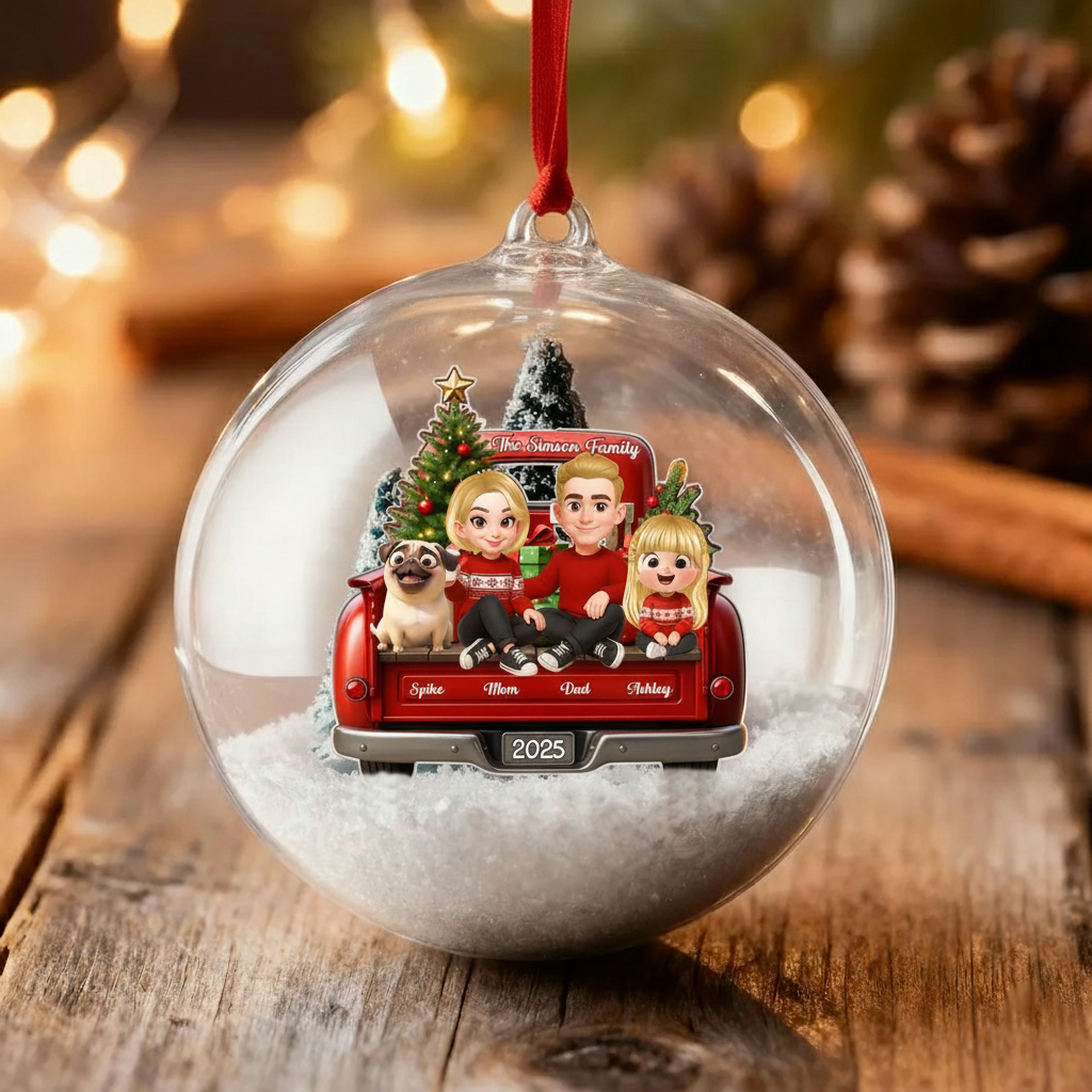 Family Sitting On Truck Ball Ornament - Personalized Snow Globe Ornament - Christmas Festive Decor, Gift for Husband, Wife, Children