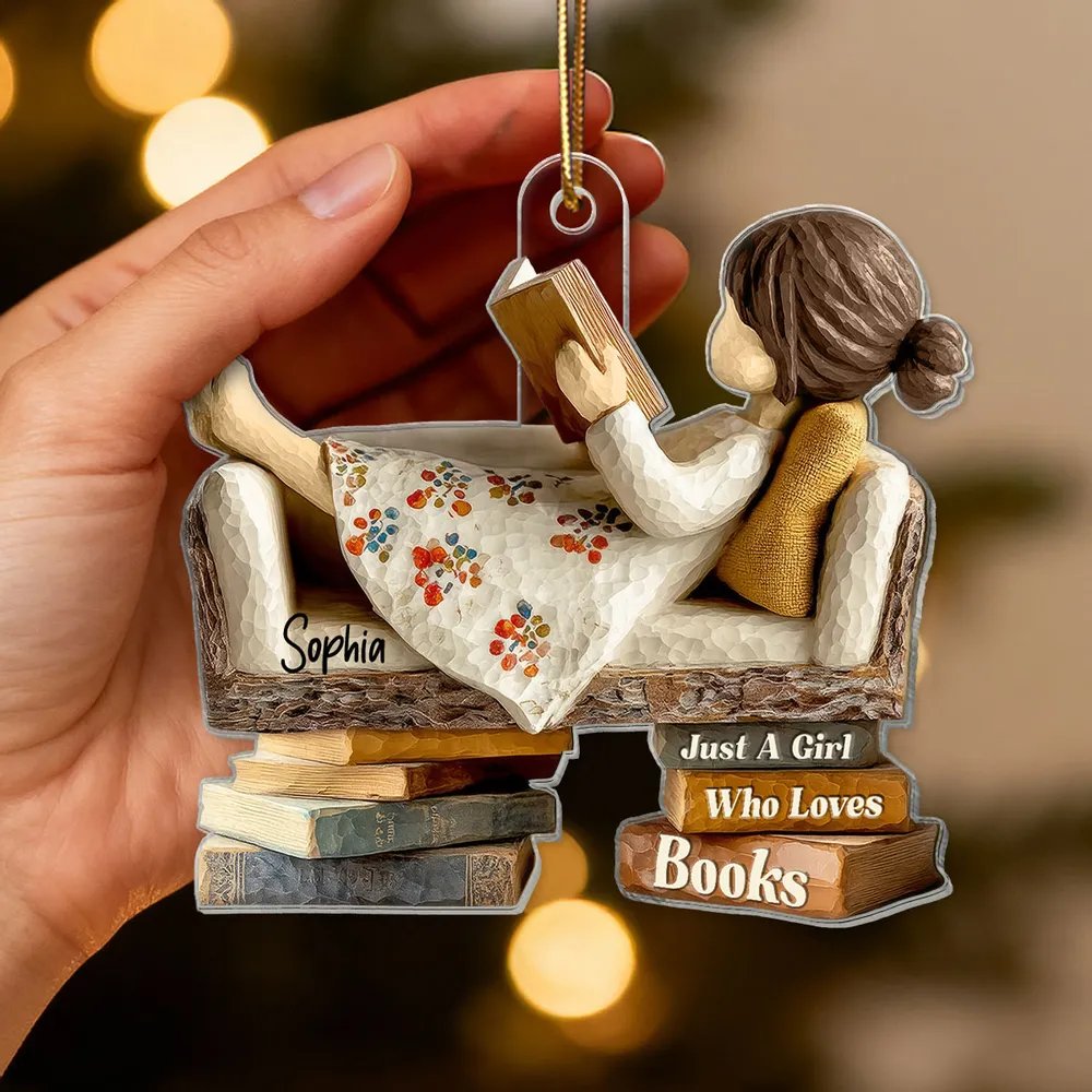 Man Woman Reading Book On Sofa - Personalized Acrylic Ornament - Christmas Gift For Book Lover, Bookworm