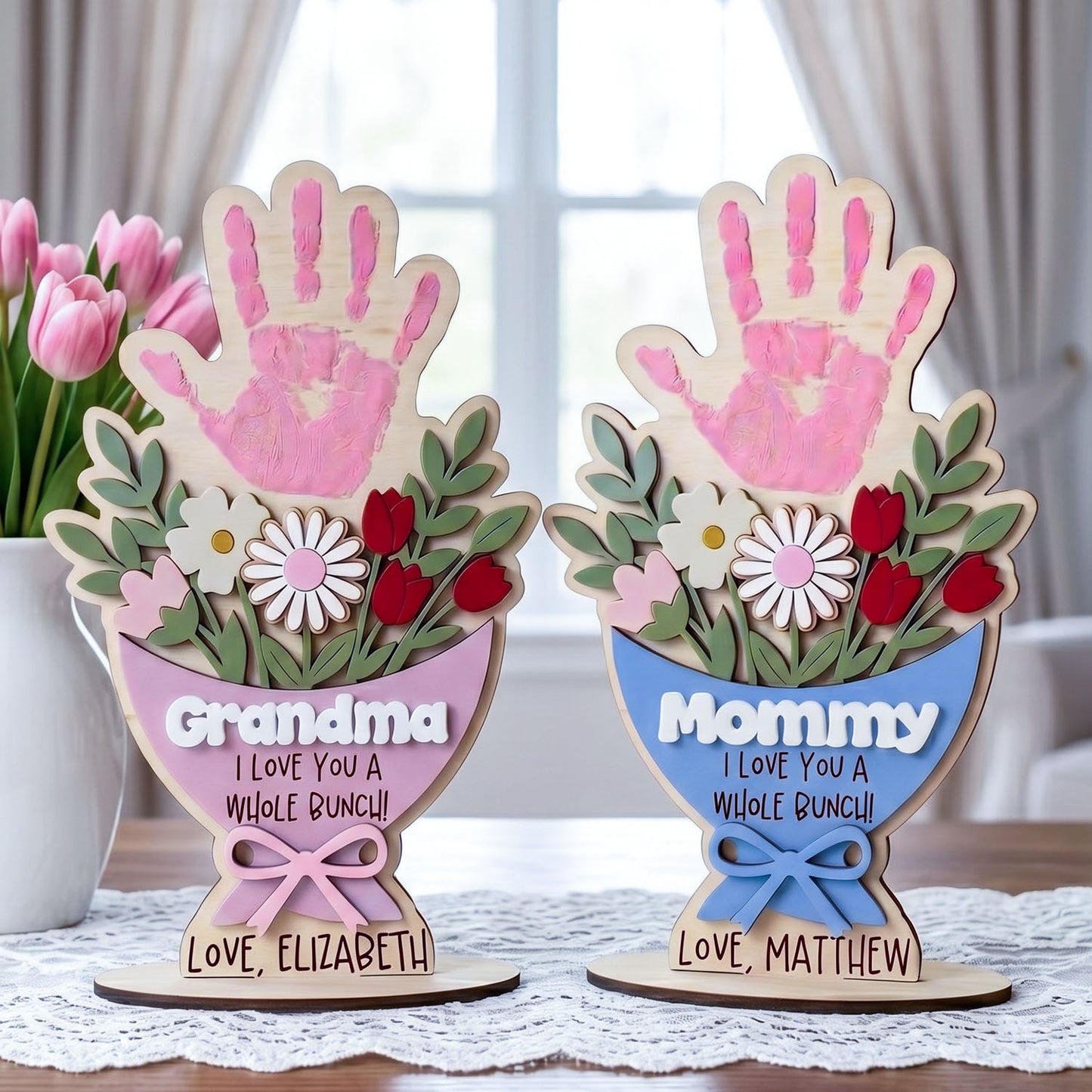 Personalized Wooden Flower Bouquet Handprint Sign With Flat Base, Custom Mom Grandma Handprint Plaque, Kids Fingerprint Art Gift, Mother Day Keepsake, Family Name Sign