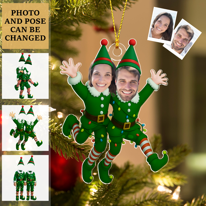 Personalized Funny Photo Face Elf Couple Acrylic Ornament, Christmas Tree Decoration, Gift For Couple