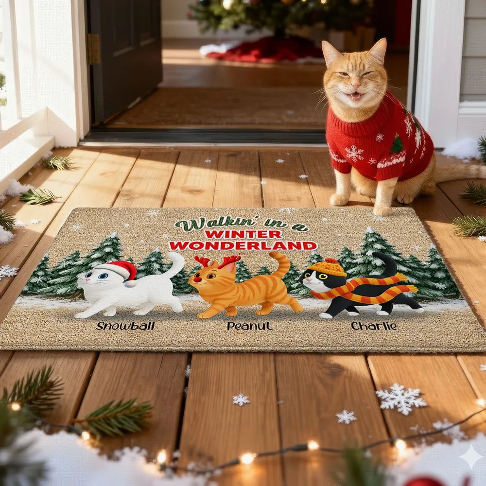 Cats Walking In A Winter Wonderland - Personalized Doormat
