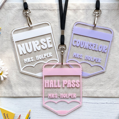 Personalized Teacher Pencil Hall Pass Lanyard, Custom Classroom Pass Badge, School Staff ID Holder, Nurse Counselor Office Library Restroom Pass