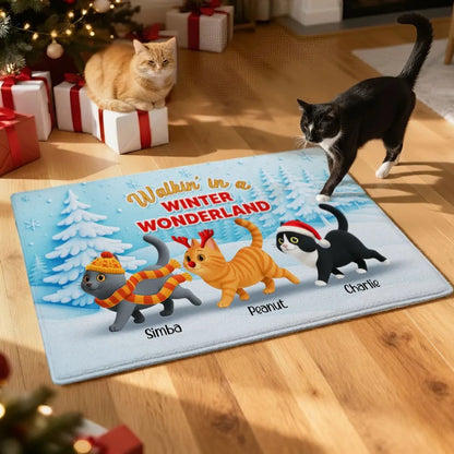 Cats Walking In A Winter Wonderland - Personalized Doormat