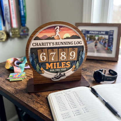 Personalized Running Miles Tracker Sign With Flat Base, Mountain Sunset Design, Holiday Gift for Runners