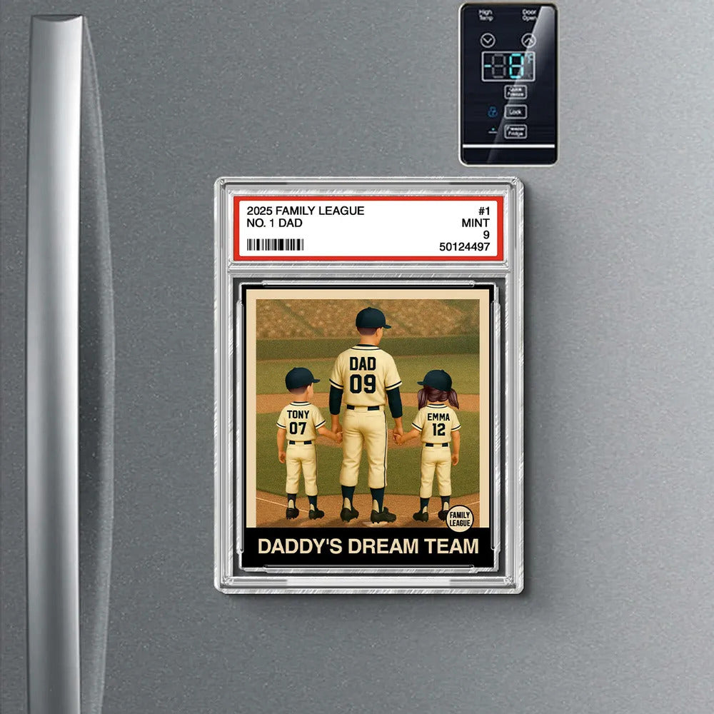 Baseball No. 1 Dad Man & Kids Trading Card Style Personalized Acrylic Fridge Magnet