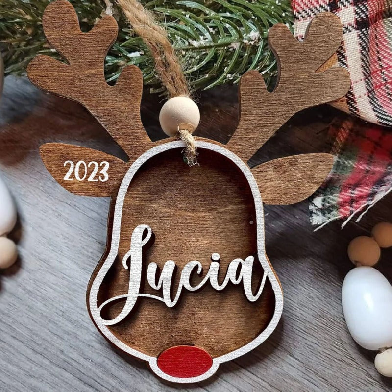Personalized Reindeer Wooden Ornament, Christmas Family Reindeer Name Tag