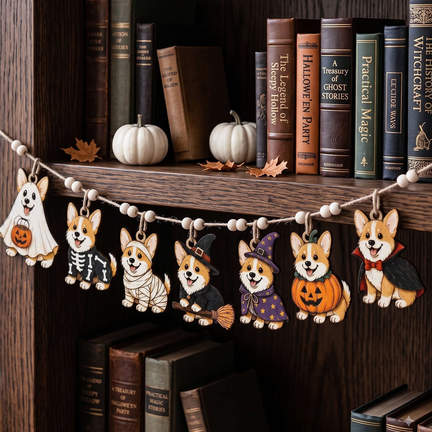 A Halloween-themed wooden dog garland draped across a dark wood bookshelf, featuring seven different corgi illustrations dressed in ghost, skeleton, bandage, witch, pumpkin, and vampire costumes, with small white beads on the string.