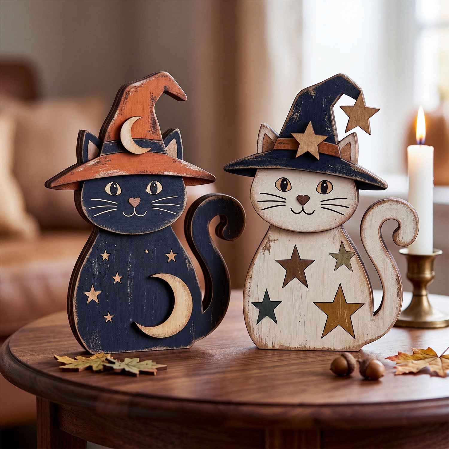 Two decorative wooden cat figurines dressed as witches, displayed on a round wooden table with autumn leaves, acorns, and a lit candle in the background.