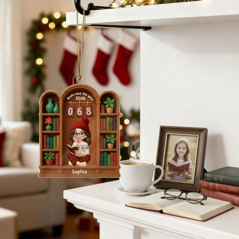 Books Read This Year, Personalized Girl Sitting On Bookshelf Acrylic Ornament, Gifr For Book Lover, Bookworm