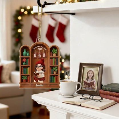 Books Read This Year, Personalized Girl Sitting On Bookshelf Acrylic Ornament, Gifr For Book Lover, Bookworm