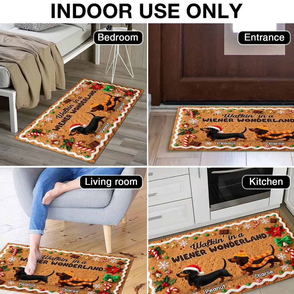 3D Effect Christmas Happy Pawliday Dachshunds Walking Gingerbread Cookie Theme - Personalized Doormat