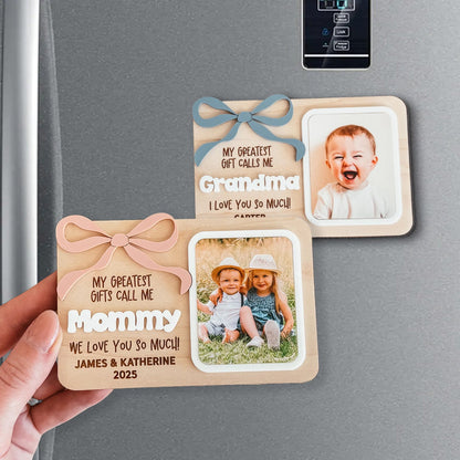 Personalized Kids Bow Photo Fridge Magnet, Mother's Day Fridge Photo Magnet Gift For Grandma And Mom