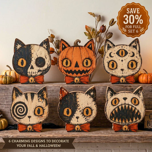 Vintage Halloween Cat Character Wooden Block Sign, Spooky Black Cat Pumpkin Decor Set, Rustic Fall Home Decoration