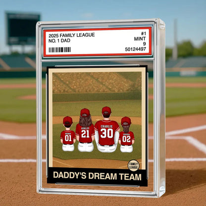 Retro Baseball No. 1 Dad Man & Kids Sitting Trading Card Style Personalized Acrylic Block Plaque