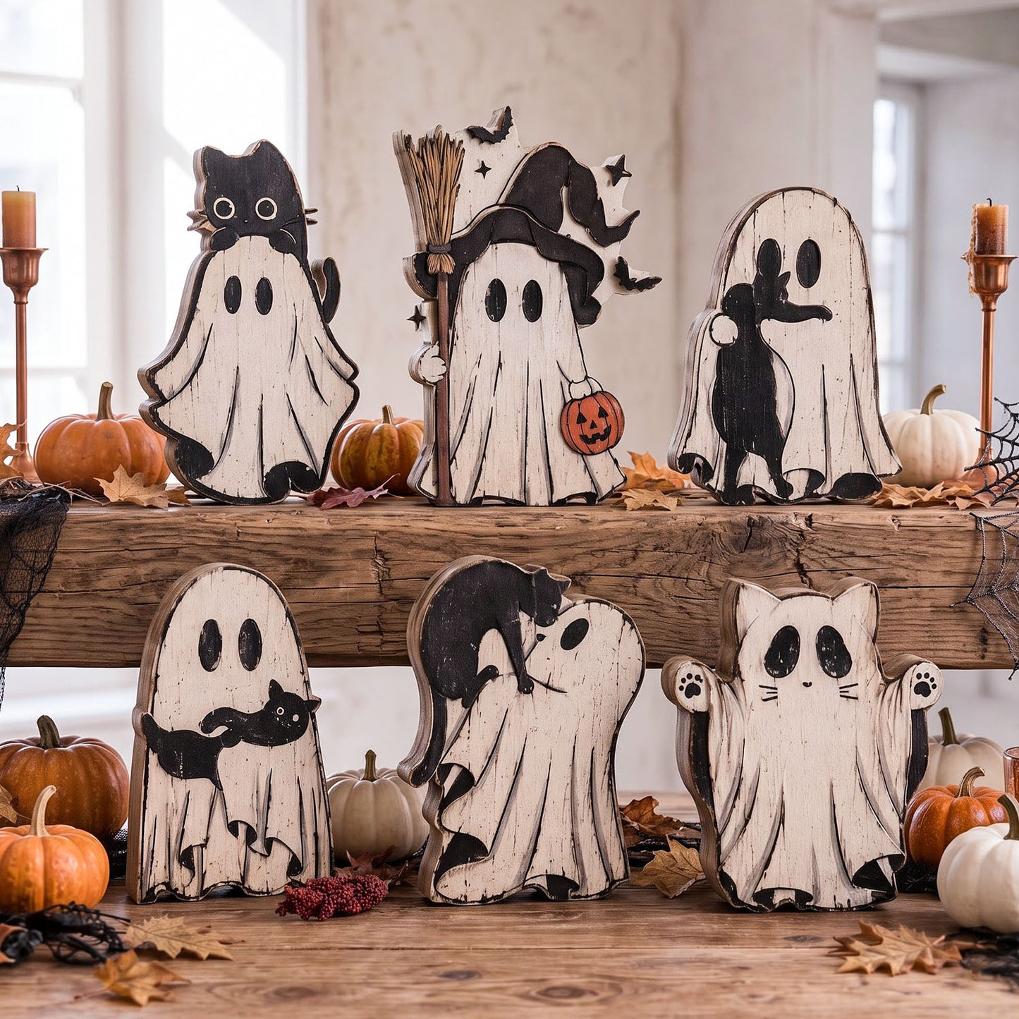 A set of Halloween-themed wooden ghost cutout decorations displayed on rustic wooden shelves, surrounded by small pumpkins, spiderwebs, and candles.