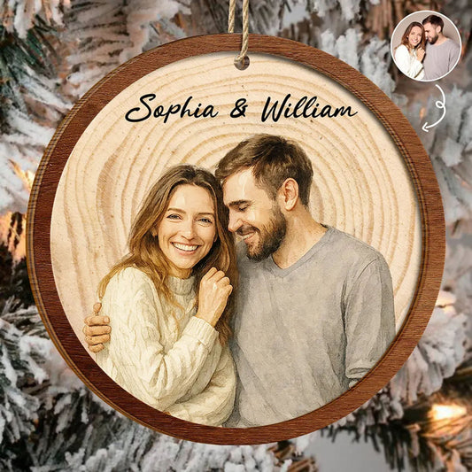 Personalized Photo Realistic Watercolor Art Happy Couple Wooden Ornament, Christmas Tree Decoration, Gift For Couple