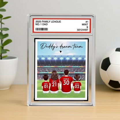 Soccer Daddy's Dream Team No. 1 Dad Man & Kids Sitting Trading Card Style Personalized Acrylic Block Plaque