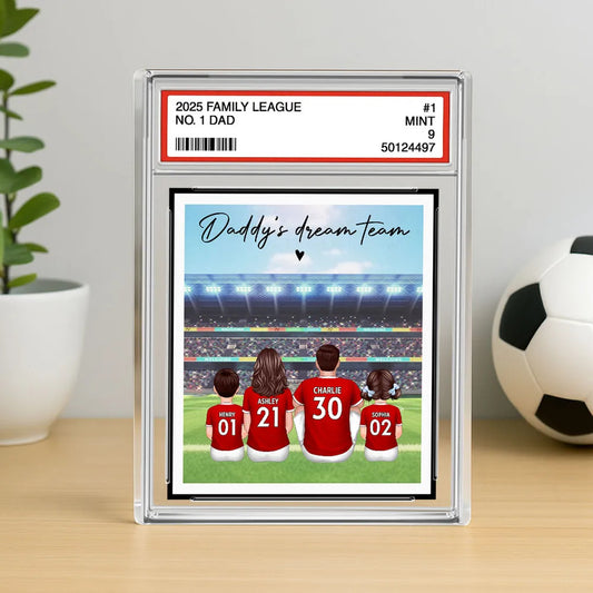 Soccer Daddy's Dream Team No. 1 Dad Man & Kids Sitting Trading Card Style Personalized Acrylic Block Plaque