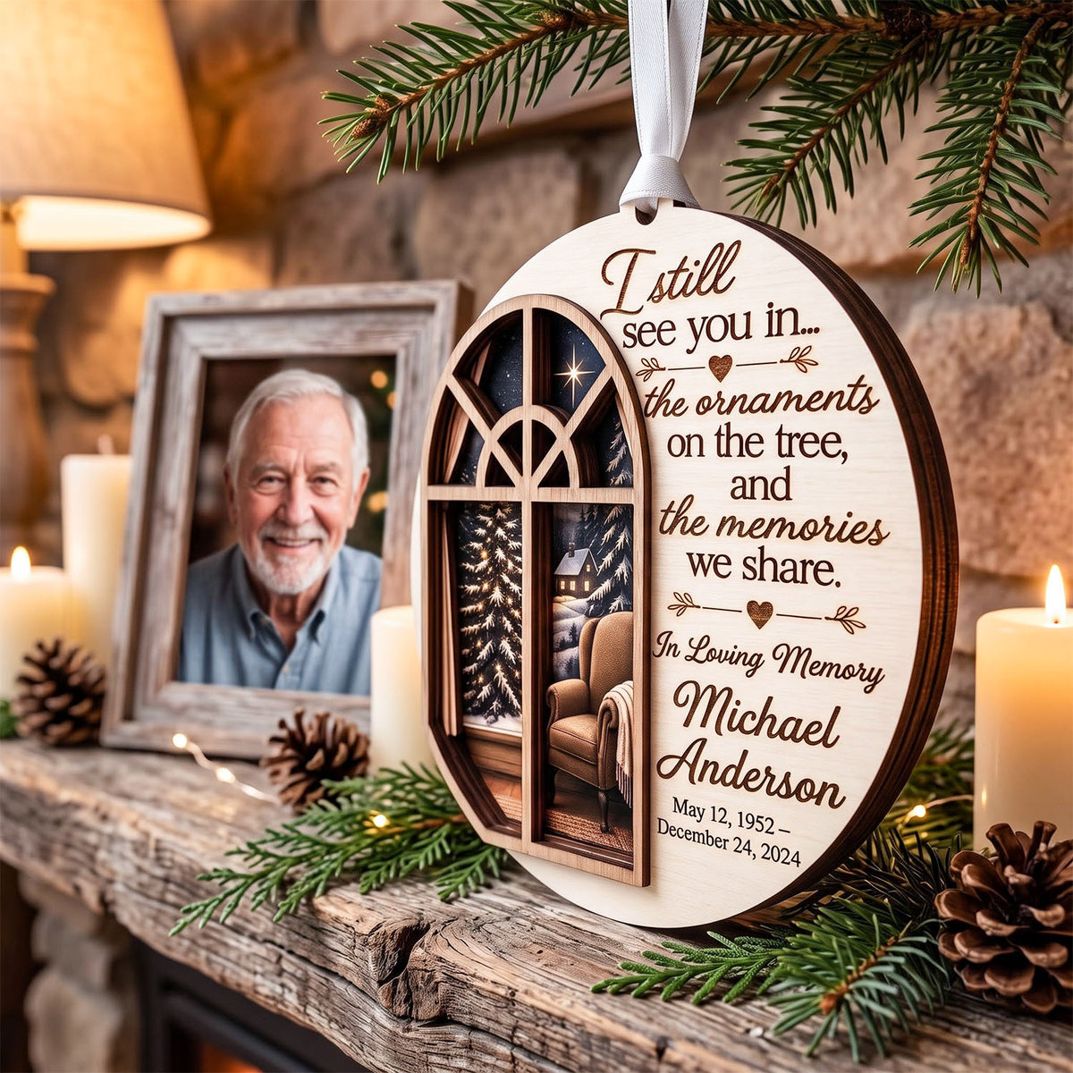 Personalized Christmas Memorial Window Wooden Ornament, In Loving Memory Ornament, Remembrance Christmas Gift, Memorial Keepsake