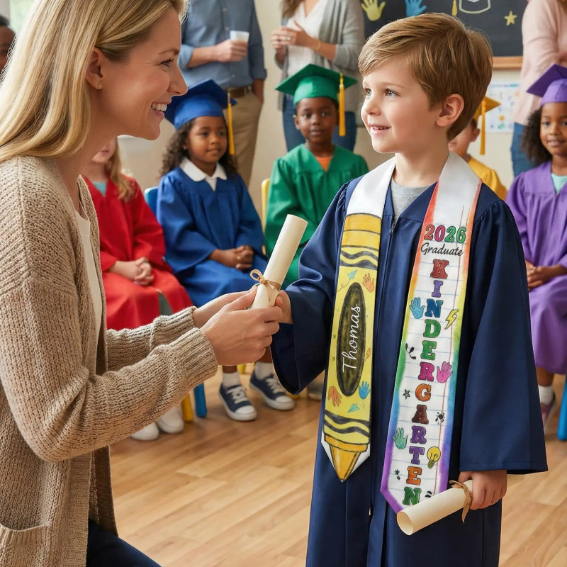 Kid Pencil Graduation Stole, Custom Name Crayon Pre K Grad Sash, Kindergarten Class Of 2026 Boy Girl, Personalized Graduation Gift for Son