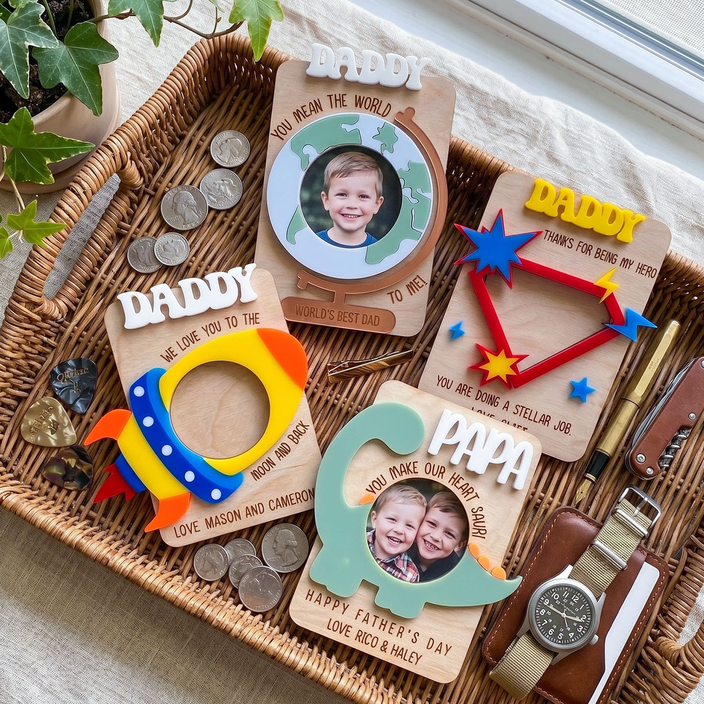 Personalized Playful Photo Holder Fridge Magnet, Custom Daddy Papa Picture Frame Magnet, Rocket Dinosaur Globe Design, Father’s Day Gift, Family Photo Keepsake