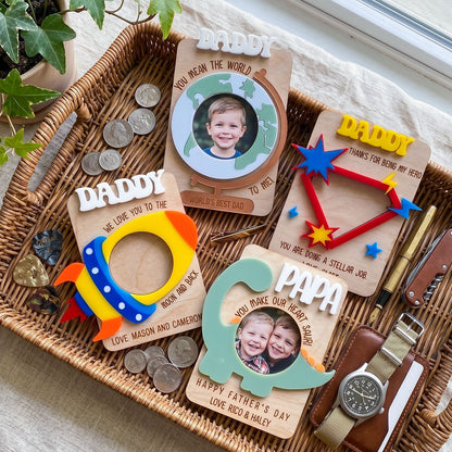 Personalized Playful Photo Holder Fridge Magnet, Custom Daddy Papa Picture Frame Magnet, Rocket Dinosaur Globe Design, Father’s Day Gift, Family Photo Keepsake