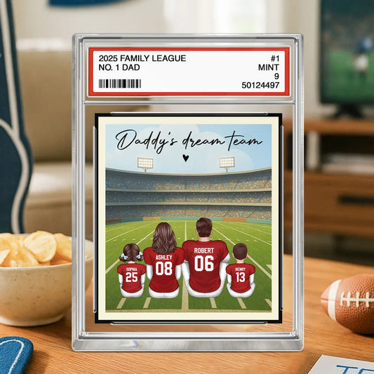 American Football Daddy's Dream Team No. 1 Dad Man & Kids Sitting Trading Card Style Personalized Acrylic Block Plaque
