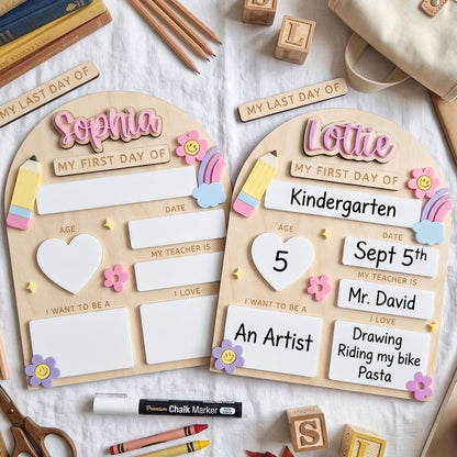 Personalized Interchangeable Pastel Rainbow Back to School Board, First And Last Day Of School, Custom 3D Name Milestone Sign, Reusable Back To School Photo Prop