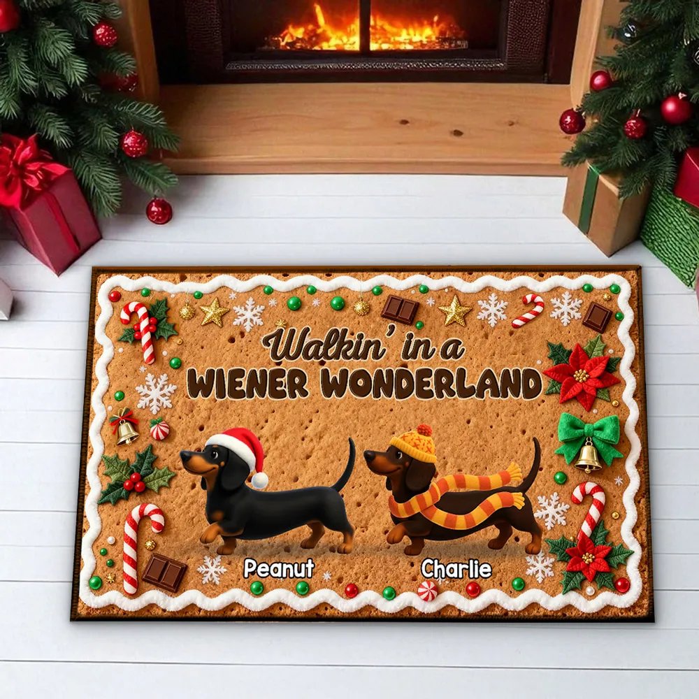 3D Effect Christmas Happy Pawliday Dachshunds Walking Gingerbread Cookie Theme - Personalized Doormat