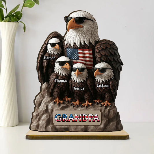 Patriotic Eagle Grandpa Dad & Kids 3D Effect Personalized Standing Wooden Plaque, Gift For Dad Grandpa