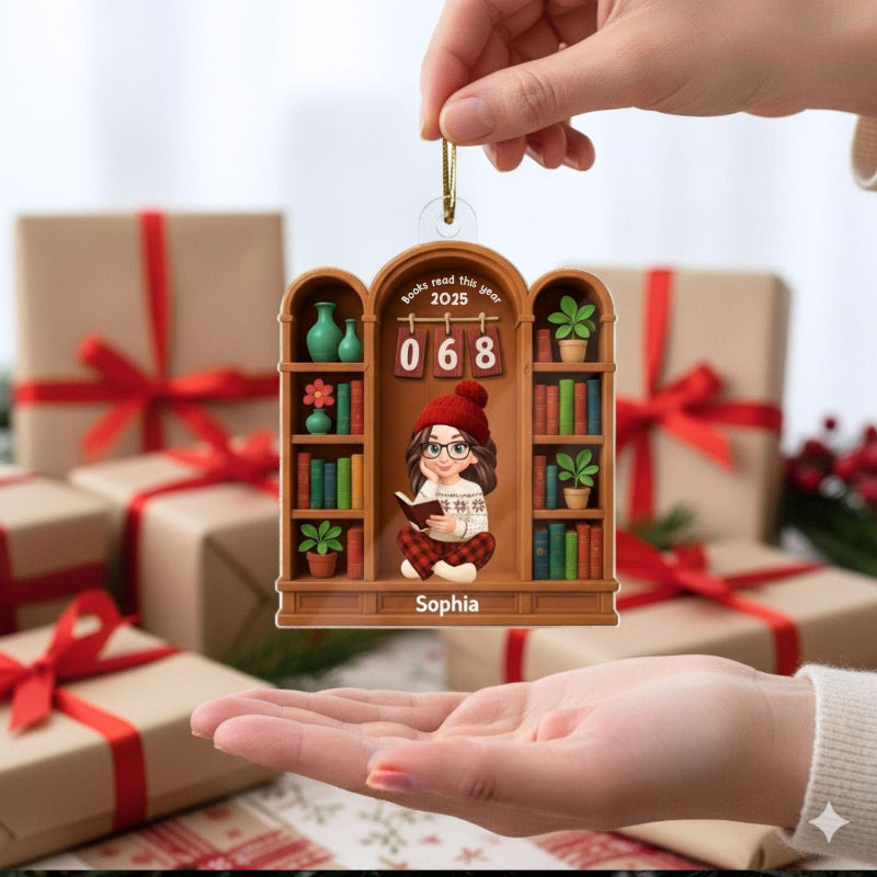 Books Read This Year, Personalized Girl Sitting On Bookshelf Acrylic Ornament, Gifr For Book Lover, Bookworm