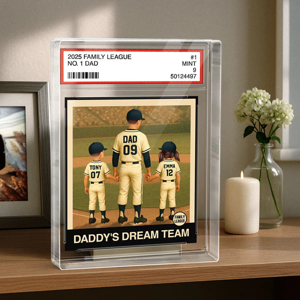 Baseball No. 1 Dad Man & Kids Trading Card Style Personalized Acrylic Block Plaque