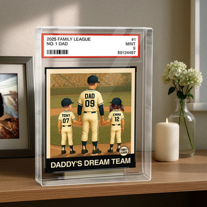 Baseball No. 1 Dad Man & Kids Trading Card Style Personalized Acrylic Block Plaque