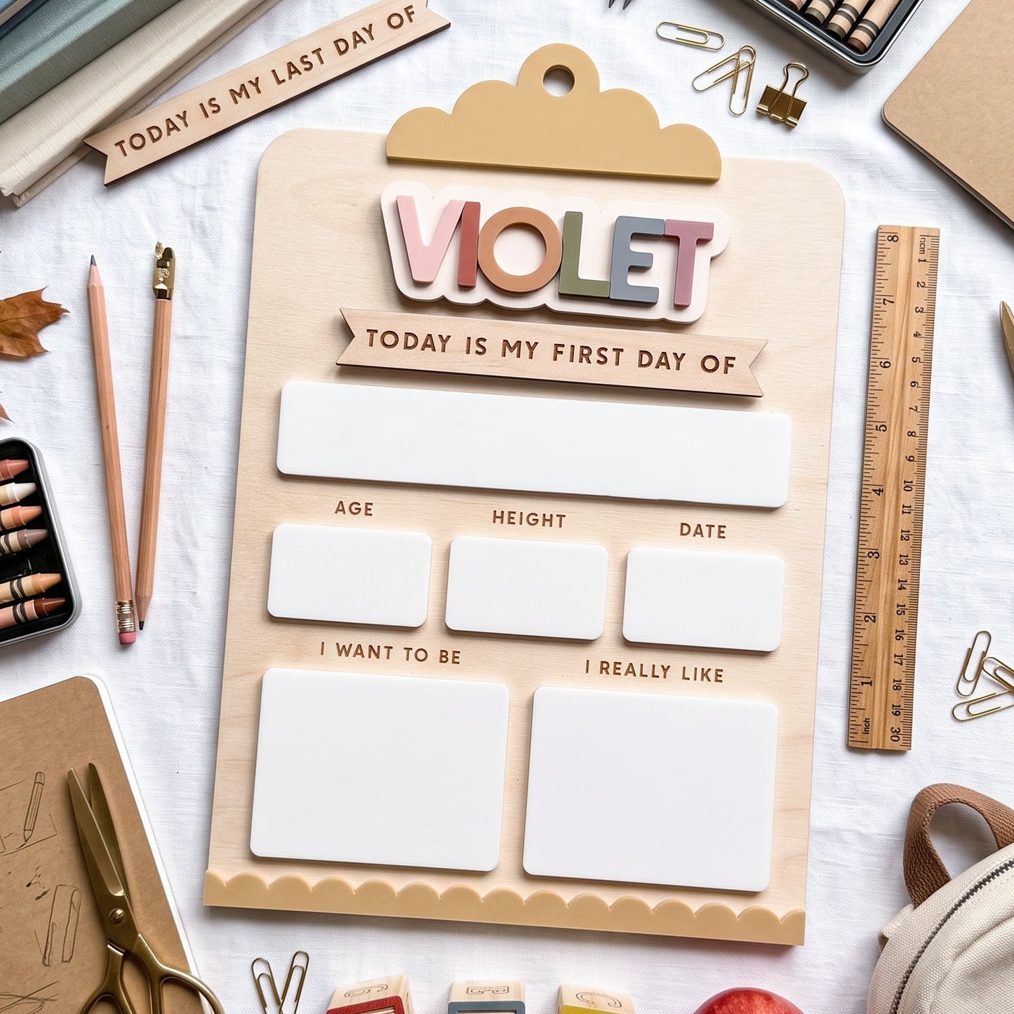 Personalized Interchangeable Clipboard Back To School Board, Custom 3D Name Milestone Sign, Reusable Back To School Photo Prop