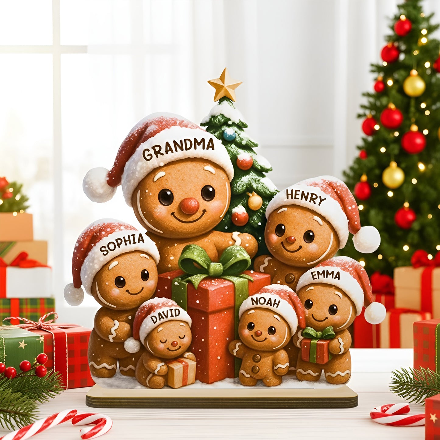 Gingerbread Family Standing Wooden Plaque, Personalized Christmas Standing Wooden Plaque