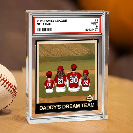 Retro Baseball No. 1 Dad Man & Kids Sitting Trading Card Style Personalized Acrylic Block Plaque