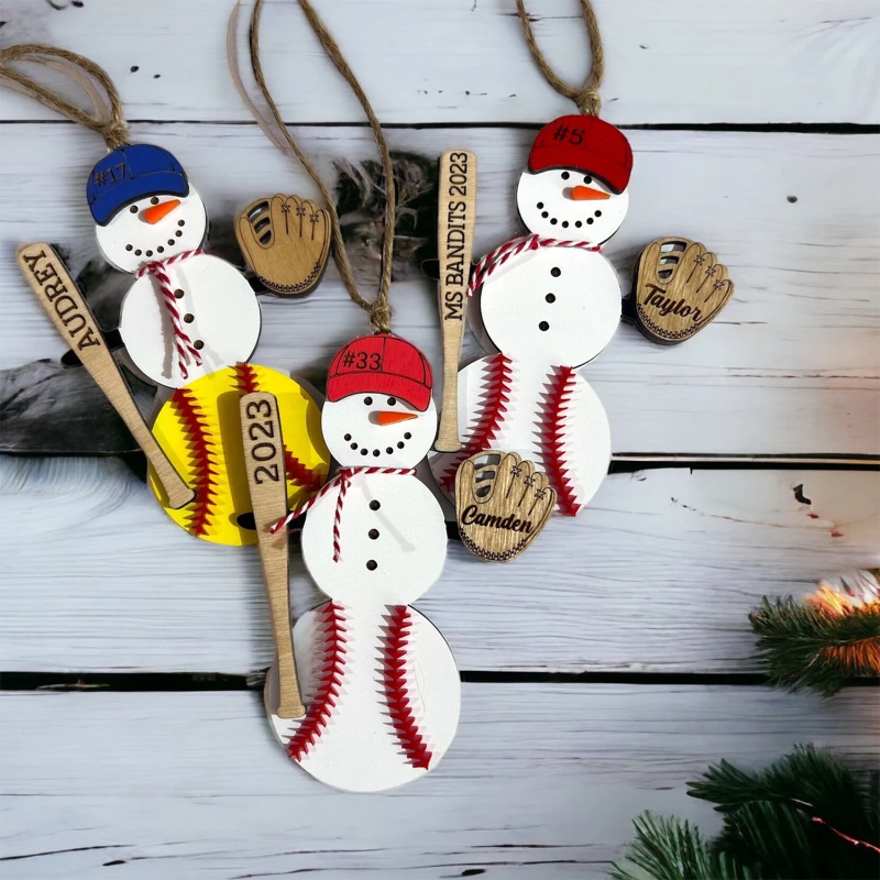 Personalized Baseball Softball Snowman Ornament, Christmas Gift For Baseball Softball Players and Coach