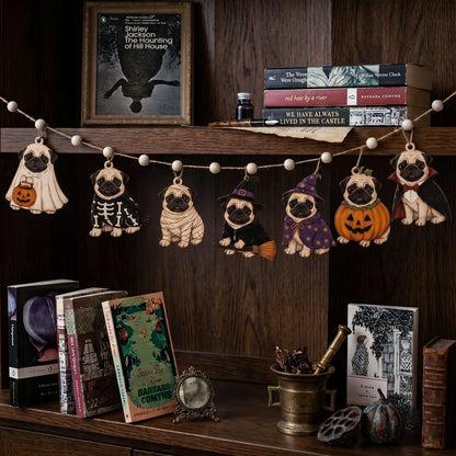 Halloween Pug Wooden Garland, Spooky Ghost Skeleton Witch Pug Garland, Halloween Mantel Fireplace Decor, Fall Bookshelf Decoration, Dog Lover Gift