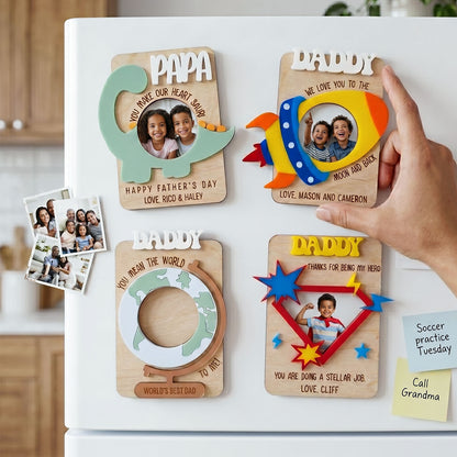 Personalized Playful Photo Holder Fridge Magnet, Custom Daddy Papa Picture Frame Magnet, Rocket Dinosaur Globe Design, Father’s Day Gift, Family Photo Keepsake