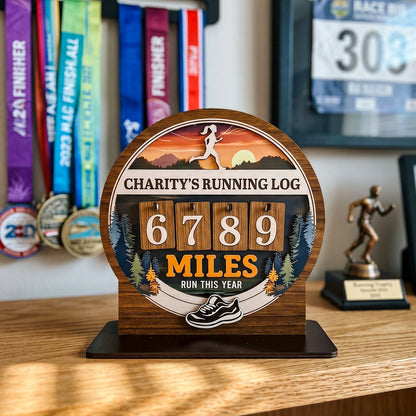 Personalized Running Miles Tracker Sign With Flat Base, Mountain Sunset Design, Holiday Gift for Runners