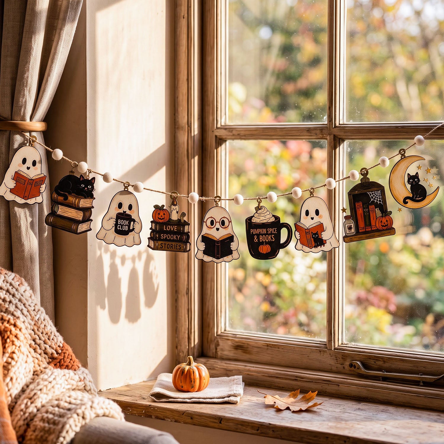 A Halloween-themed wooden garland with cute illustrations of ghosts, pumpkins, a mug, a lantern, and a crescent moon, hanging across a sunlit window above a windowsill with a small pumpkin and autumn leaves.