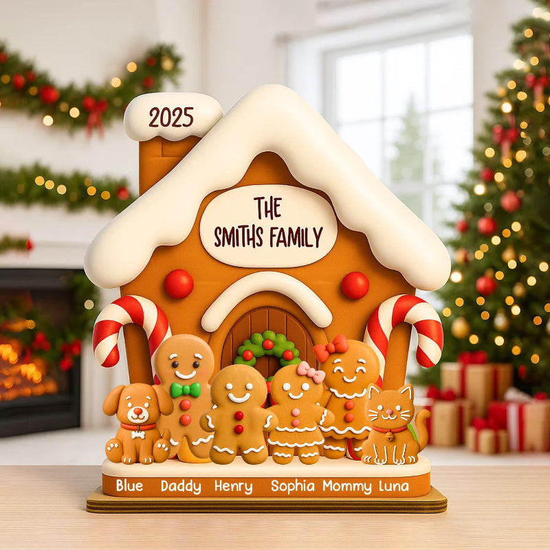 Personalized Gingerbread Family House Standing Wooden Plaque, Personalized Christmas Standing Wooden Plaque