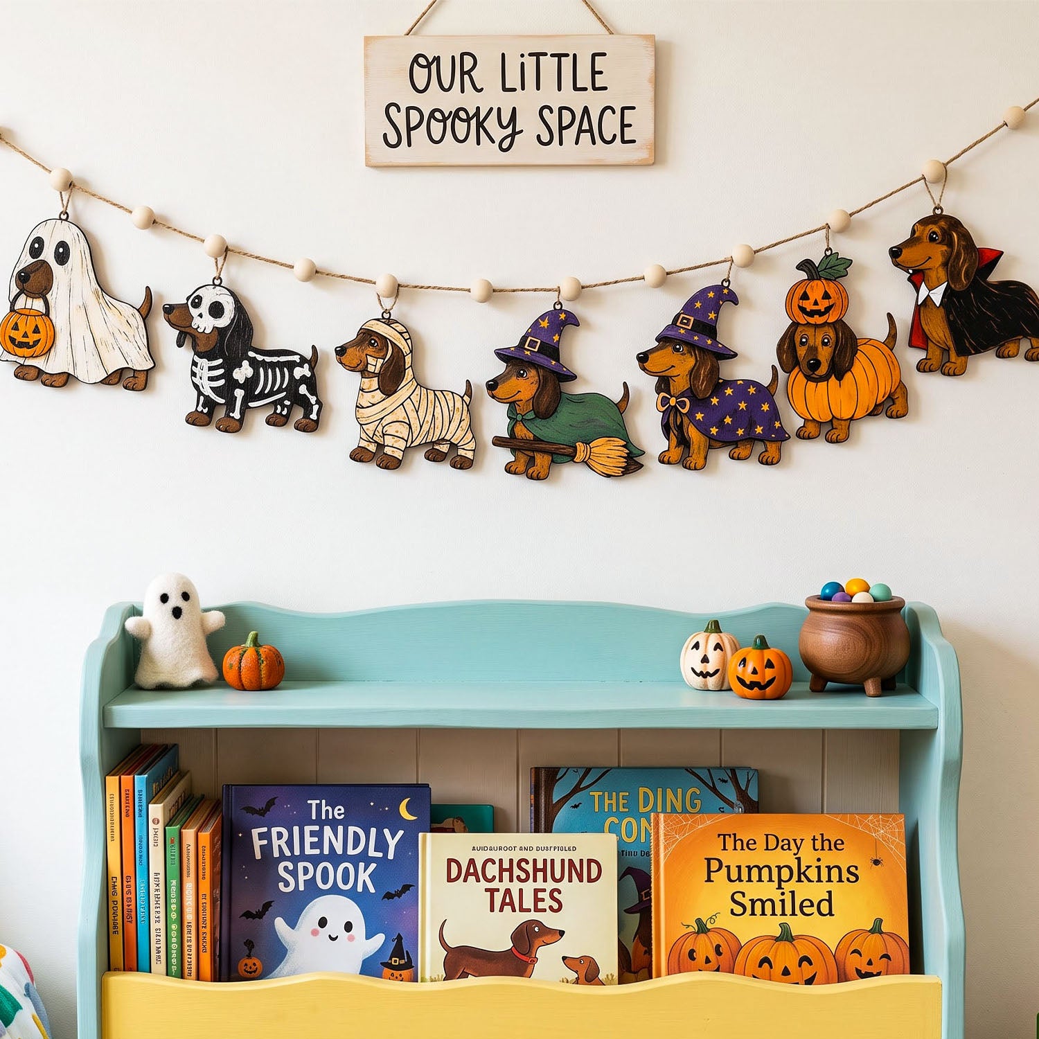 A styled children's room scene with a light blue bookshelf holding Halloween-themed books, small pumpkins, a white ghost figure, and a cauldron. Above the shelf hangs a string garland made of dachshund-shaped Halloween decorations, including a ghost, skeleton, mummy, witch, pumpkin, and vampire.