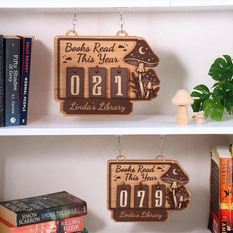 Personalized Mushroom Books Read Tracker Hanging Sign, Bookish Decor, Bookish Gift, Gift for Readers, Book Lovers Gift
